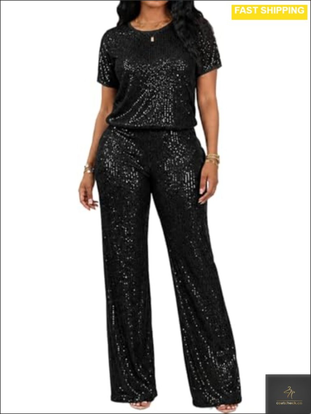 Full Sequin Pants Set Crewneck Short Sleeve Party Outfit